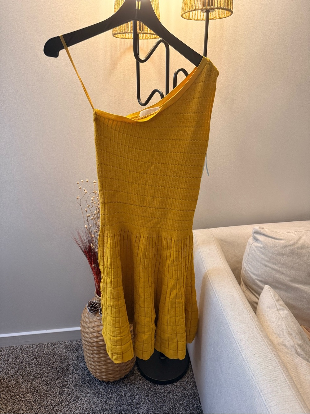 Michael Kors Mustard One-Shoulder Textured Midi Dress